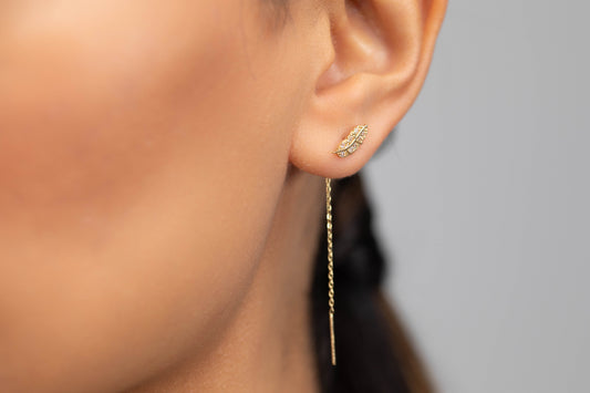 Autumn Whisper Diamond Leaf Threader Earring in 14K Solid Yellow Gold