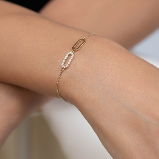 Link & Pavé Oval Bracelet | 14K Solid Gold