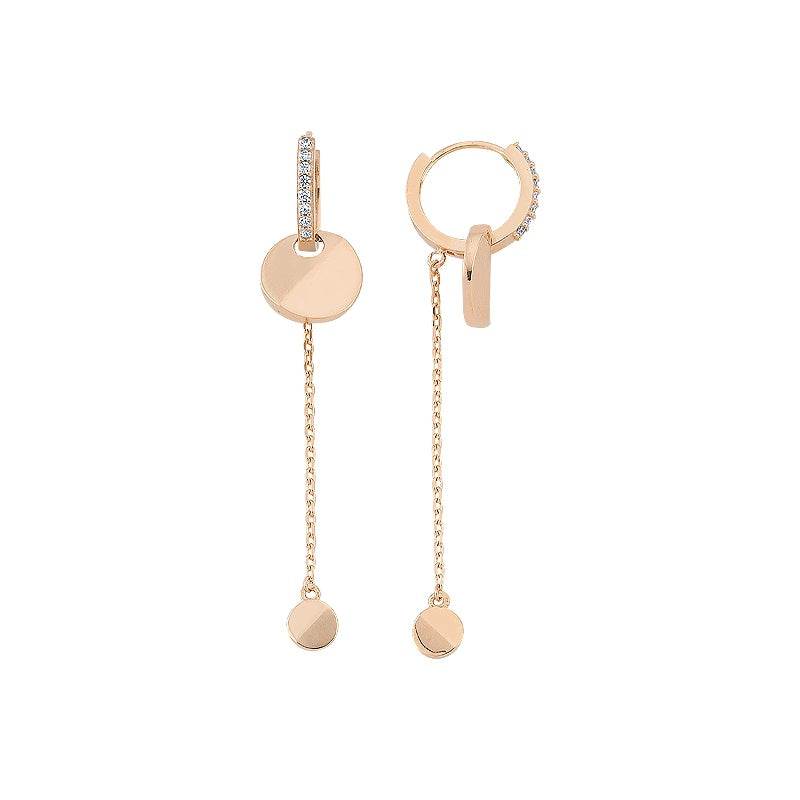 Dangle Disc with Stone Hoop Earring Set | 14K Solid Yellow Gold