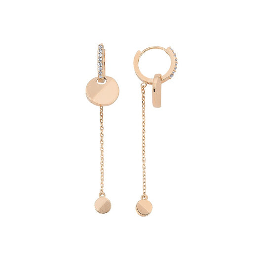 Dangle Disc with Stone Hoop Earring Set | 14K Solid Gold