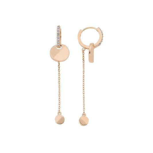 Dangle Disc with Stone Hoop Earring Set | 14K Solid Yellow Gold