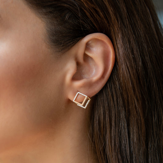 Pavé Square Earrings Pairs | 14K Solid Gold