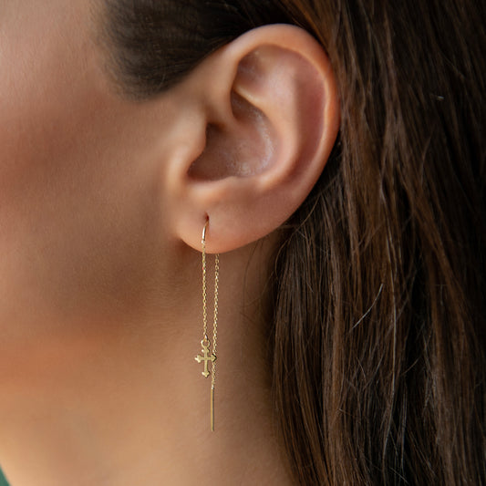 Cross Threader Drop Earring | 14K Solid Gold