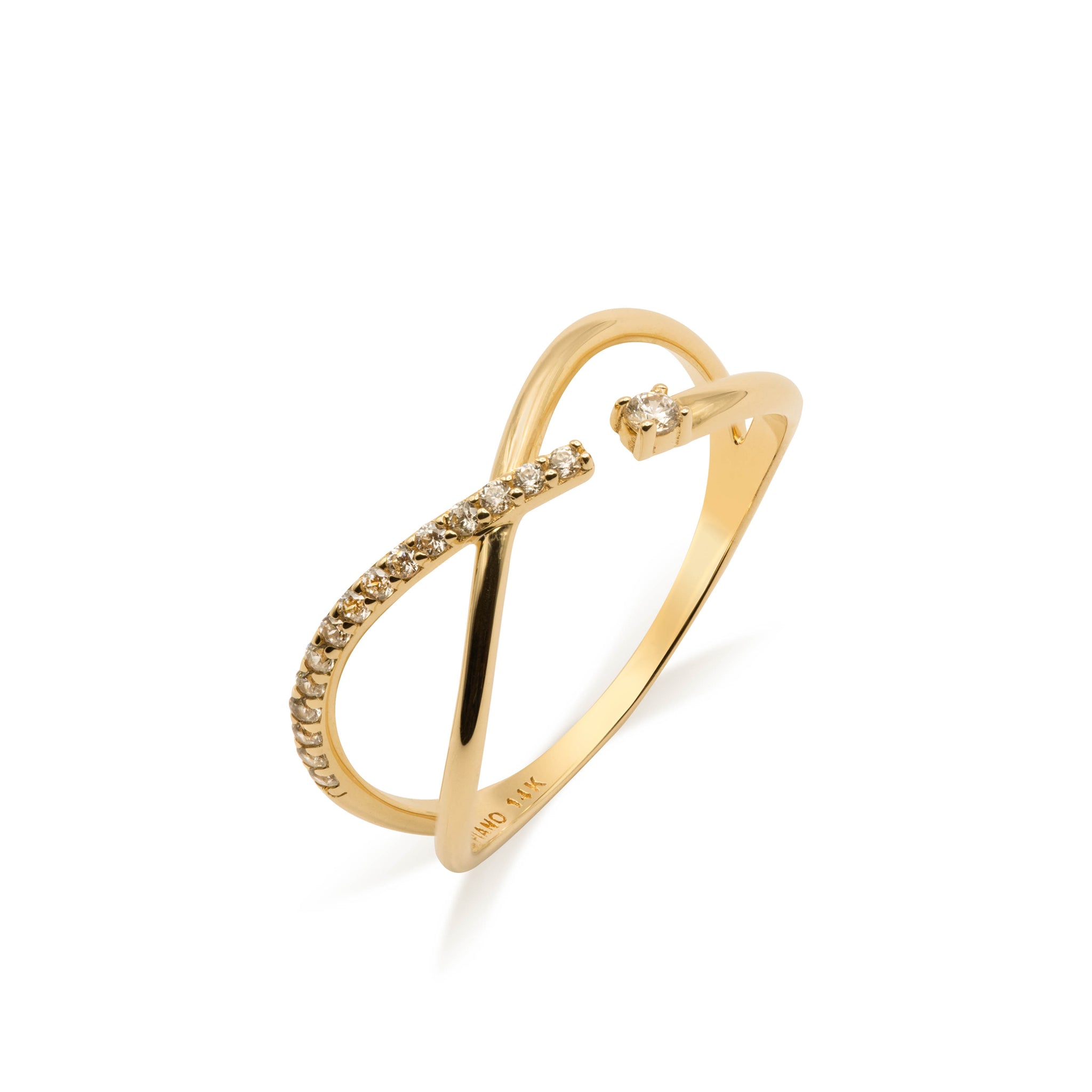 Golden Embrace Crossover Ring with Stones | 14K Solid Gold