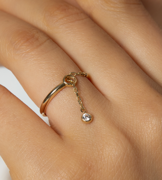 Chain-Linked Stone Drop Ring | 14K Solid Gold