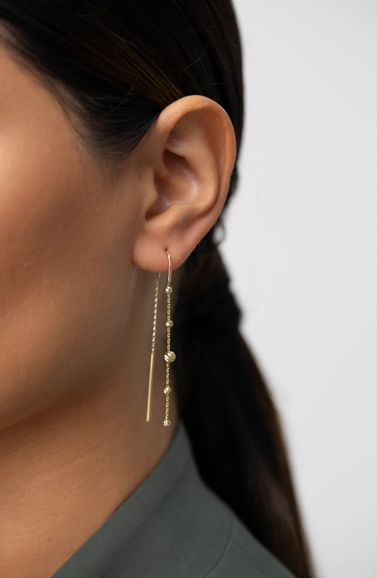 Bead and Bar Threader Earring | 14K Solid Gold